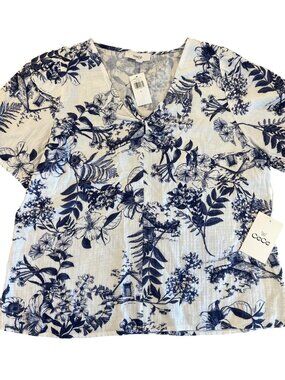 CeCe Blue White Short Puff Sleeve Floral V-neck Blouse Top Women's Size L NWT
